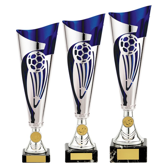 CHAMPIONS CUP BLUE / SILVER LASER CUT FOOTBALL METAL CUPS  - AVAILABLE IN 3 SIZES (32.5CM - 36CM)